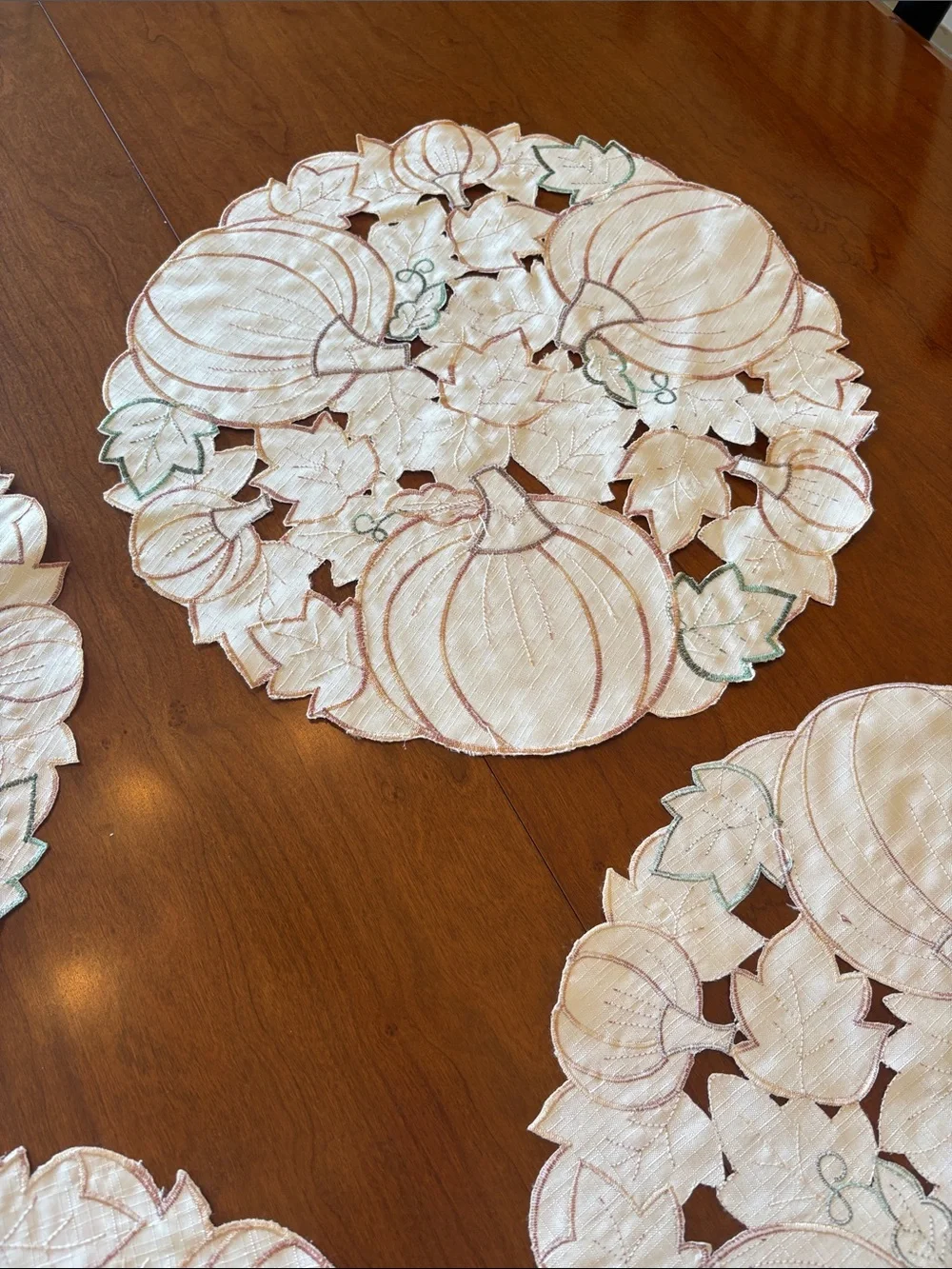 6 Round Placemats-Autumn Pumpkin Cutwork Placemat Set - Orange & Cream